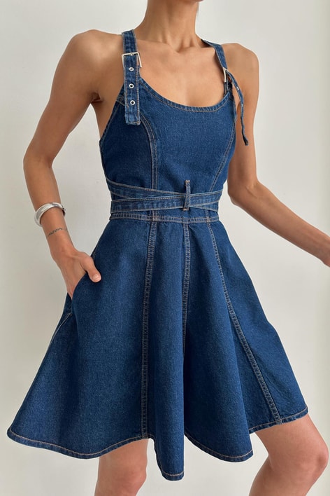 Çapraz Kemerli Denim Elbise Lacivert