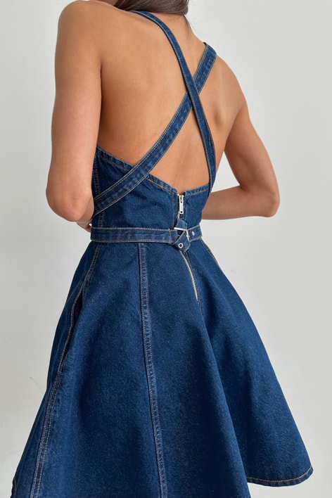 Çapraz Kemerli Denim Elbise Lacivert