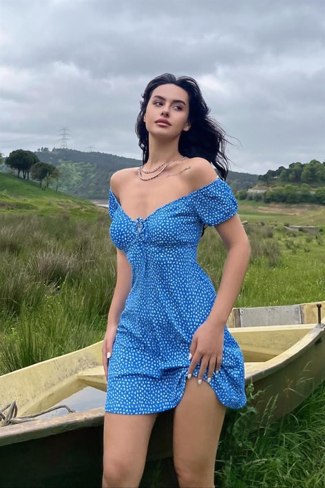 Çıtır Mini Çiçekli Elbise Saks Mavisi