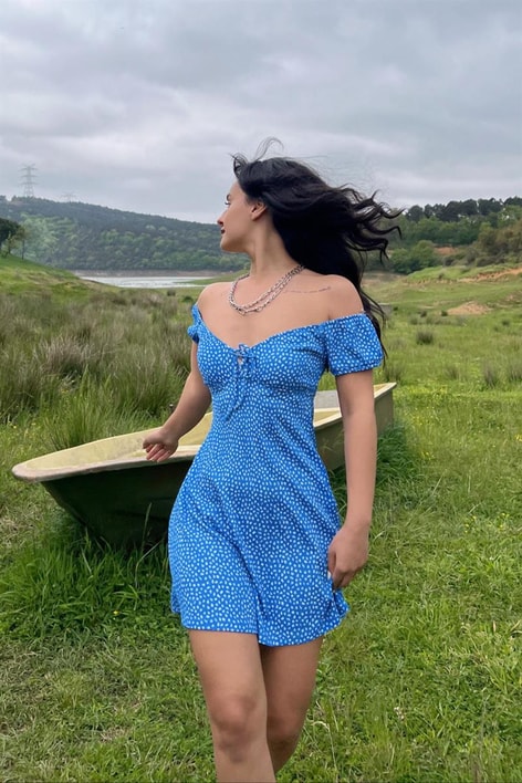 Çıtır Mini Çiçekli Elbise Saks Mavisi