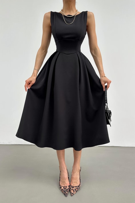 Crep Midi Elbise Siyah