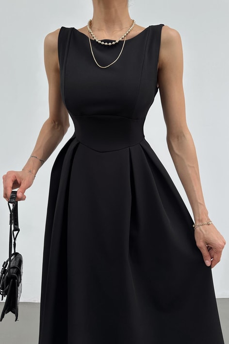 Crep Midi Elbise Siyah