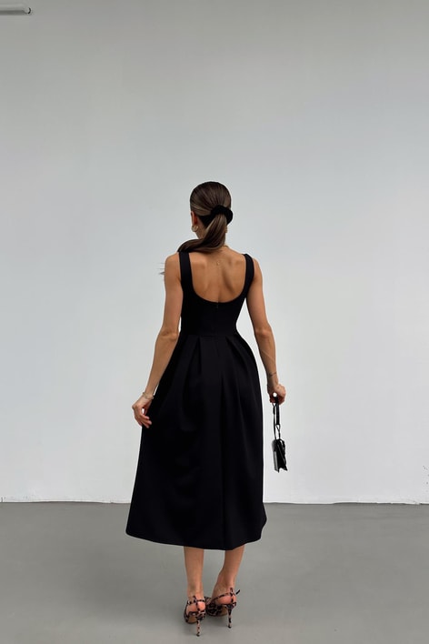 Crep Midi Elbise Siyah