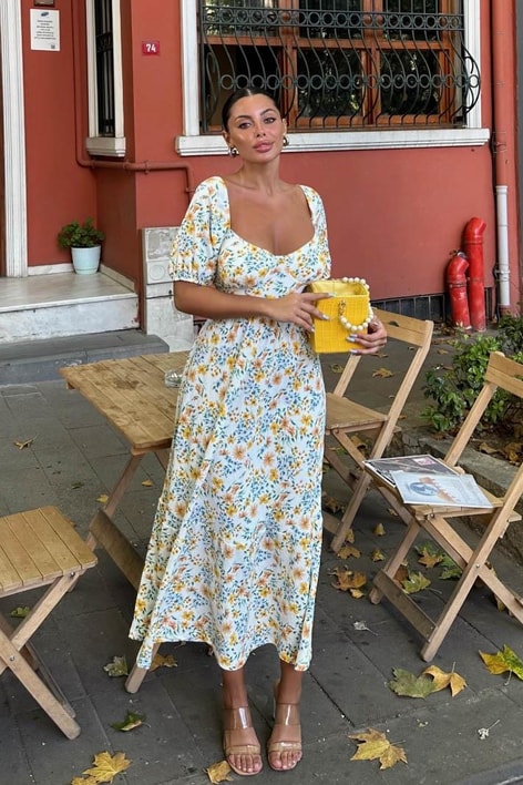 Daisy Balon Kollu Uzun Elbise Oranj