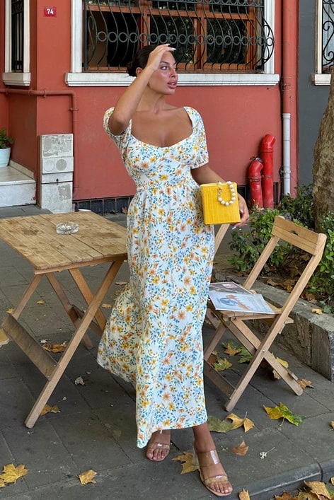 Daisy Balon Kollu Uzun Elbise Oranj