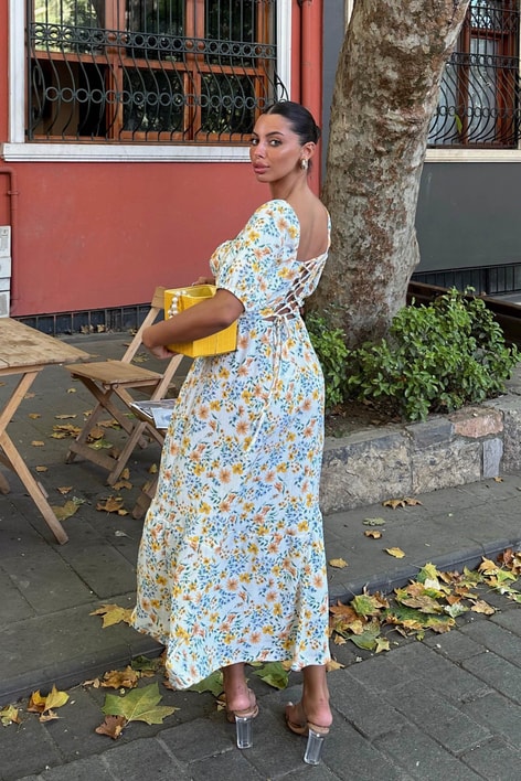 Daisy Balon Kollu Uzun Elbise Oranj