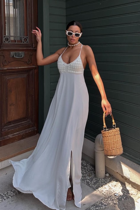 Dantel Detay İp Askılı Elbise Ekru