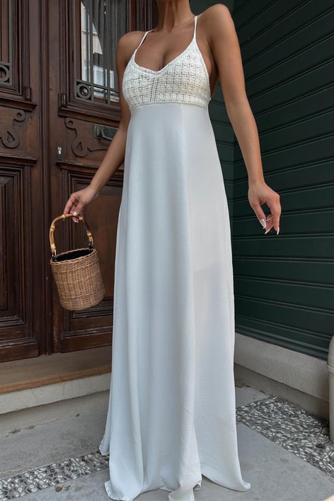 Dantel Detay İp Askılı Elbise Ekru