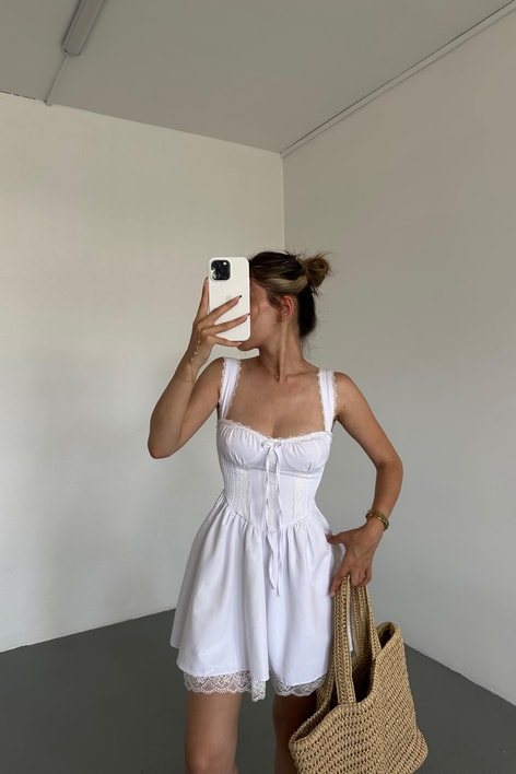 Dantelli Poplin Elbise Beyaz