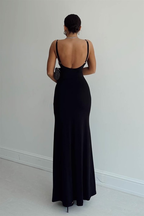 Degaje Yaka Askılı Uliana Elbise Siyah