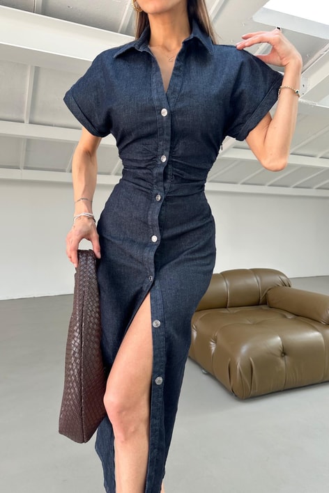 Denim Drapeli Elbise Lacivert