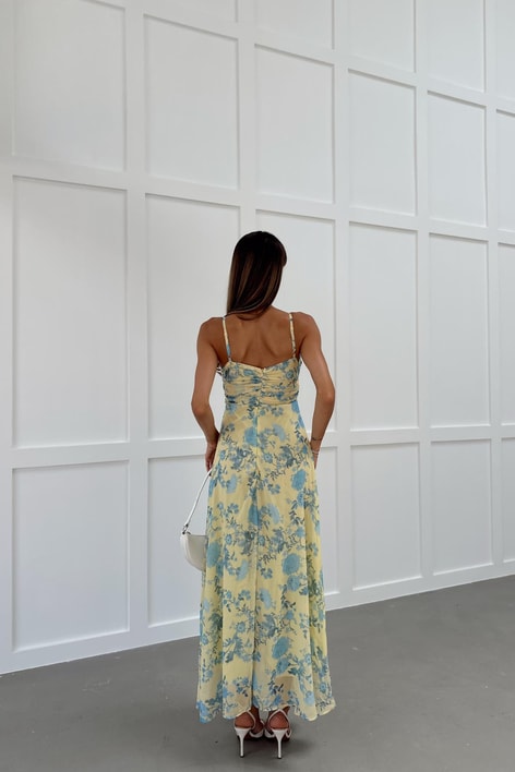 Desenli Göğüs Büzgü Şifon Elbise Sarı