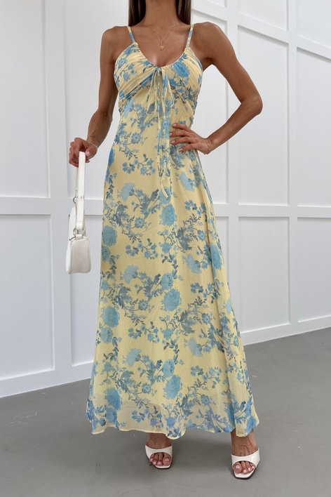 Desenli Göğüs Büzgü Şifon Elbise Sarı