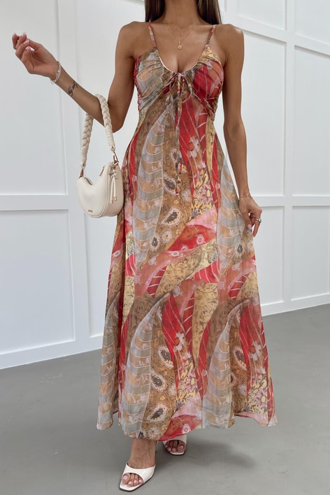 Desenli Göğüs Büzgü Şifon Elbise Kırmızı