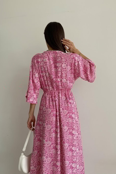 Desenli Kruvaze Elbise Şeker Pembe