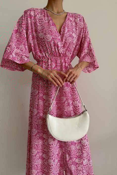 Desenli Kruvaze Elbise Şeker Pembe