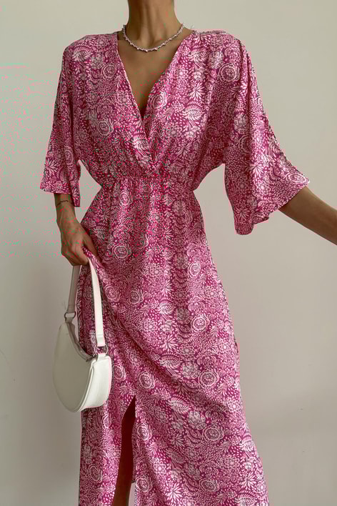 Desenli Kruvaze Elbise Şeker Pembe