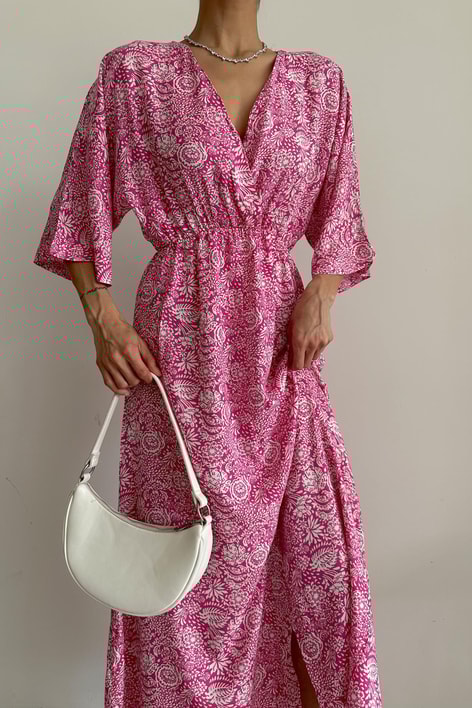 Desenli Kruvaze Elbise Şeker Pembe