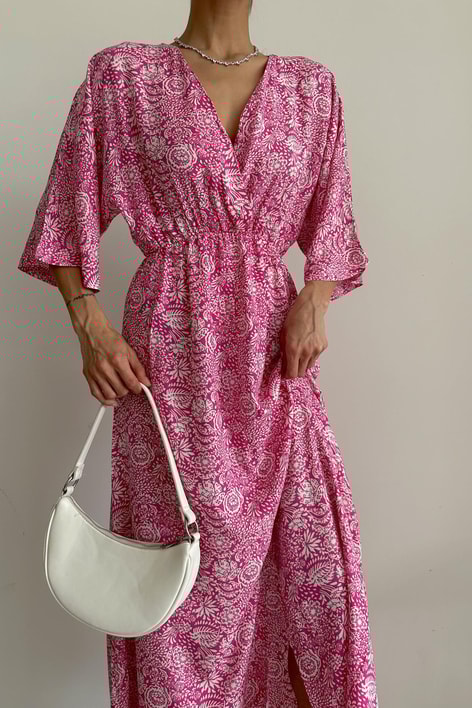 Desenli Kruvaze Elbise Şeker Pembe