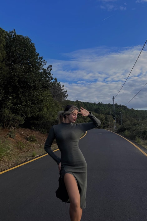 Dik Yaka Fitilli Yırtmaçlı Elbise Haki