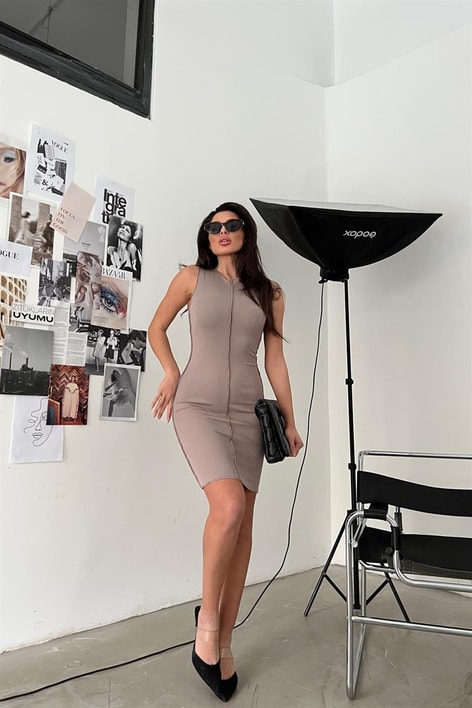 Dikiş Detay Sıfır Kol Elbise Gül Kurusu