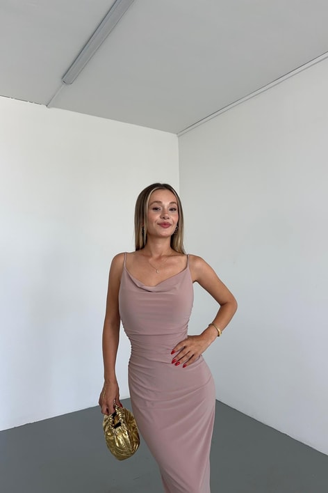 Drape Detay Skıms Elbise Bej