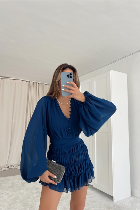 Drape Şifon Kollu Bohem Elbise Lacivert