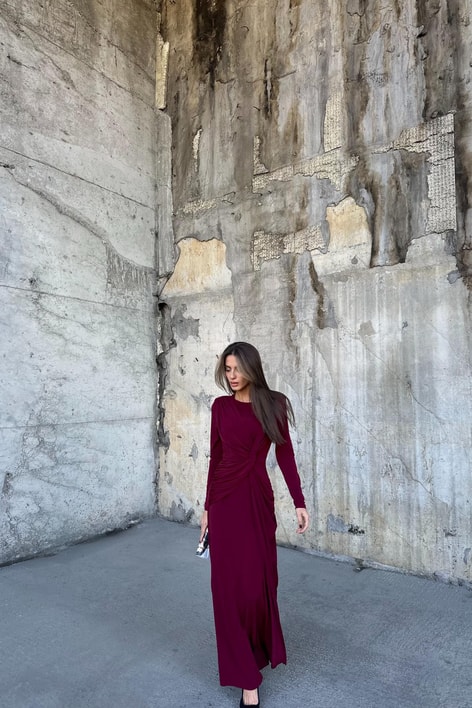 Drapeli Yırtmaçlı Elbise Bordo