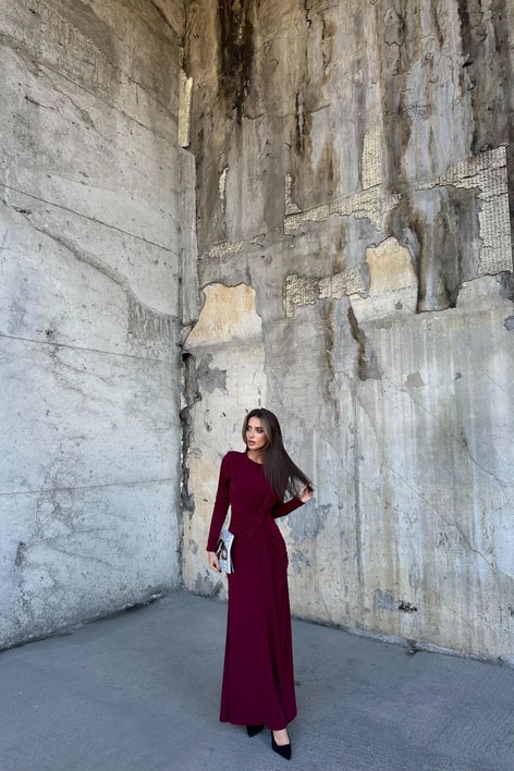 Drapeli Yırtmaçlı Elbise Bordo