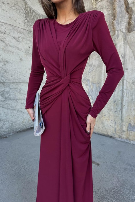 Drapeli Yırtmaçlı Elbise Bordo