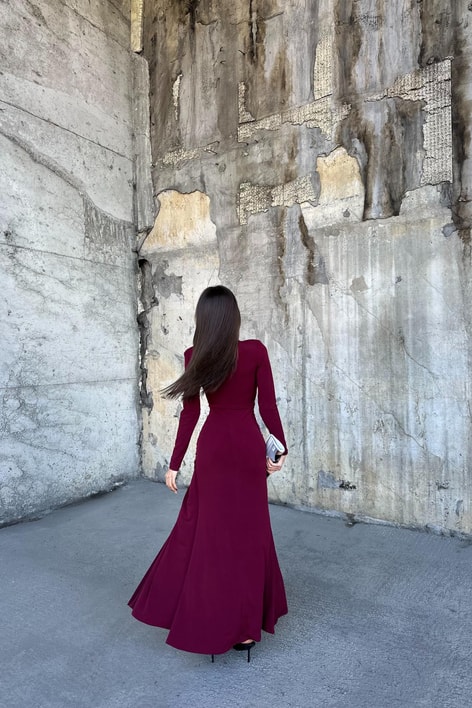 Drapeli Yırtmaçlı Elbise Bordo