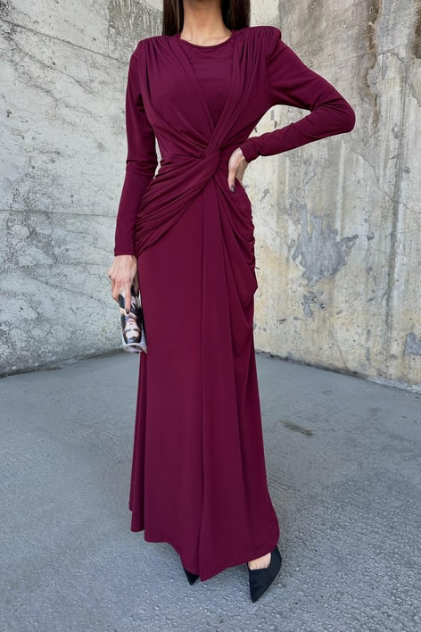 Drapeli Yırtmaçlı Elbise Bordo