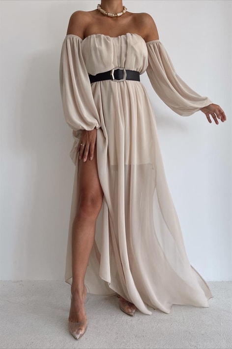 Düşük Kollu Carmen Elbise Bej