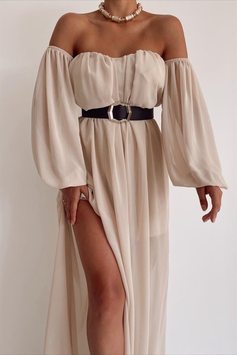 Düşük Kollu Carmen Elbise Bej