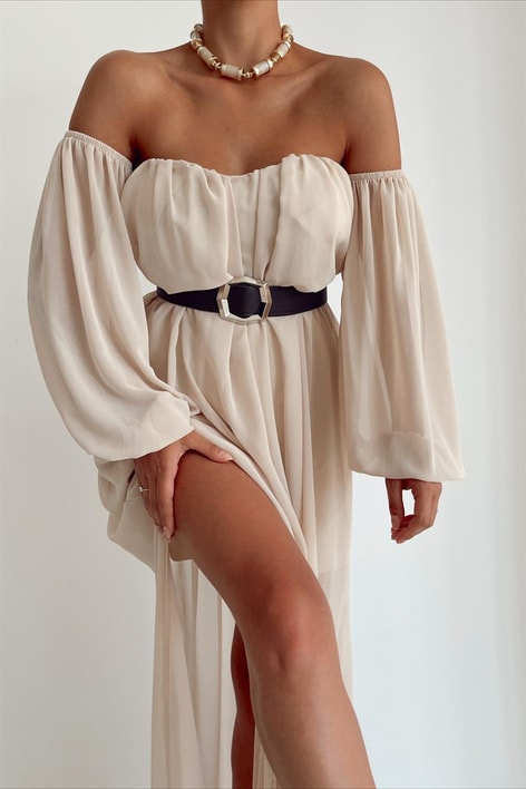 Düşük Kollu Carmen Elbise Bej