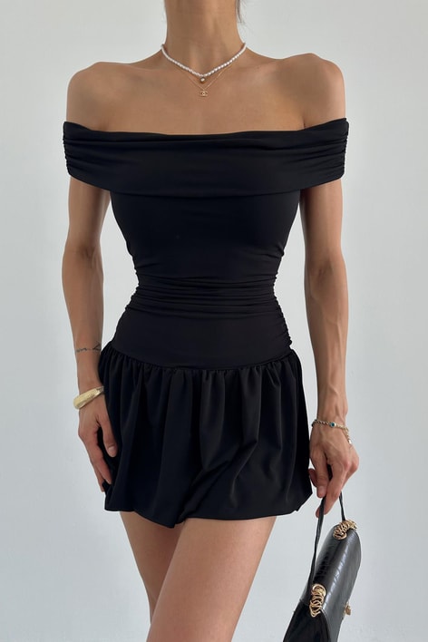 Eteği Volanlı Midi Elbise Siyah