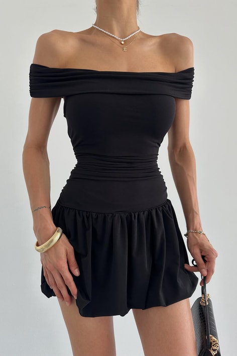 Eteği Volanlı Midi Elbise Siyah