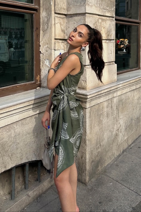 Etnik Desen Tek Omuz Elbise Yeşil