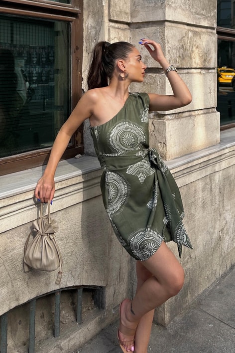 Etnik Desen Tek Omuz Elbise Yeşil