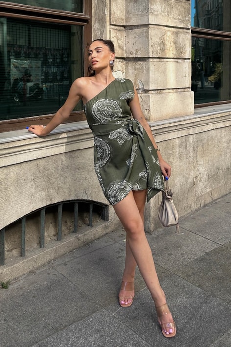 Etnik Desen Tek Omuz Elbise Yeşil