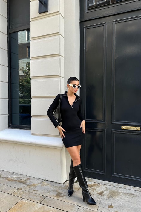 Fermuar Detay Elbise Siyah