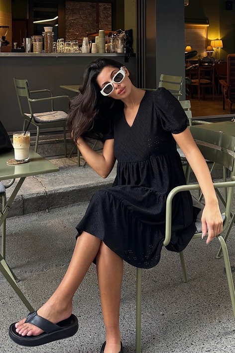 Fisto Balon Kol Elbise Siyah