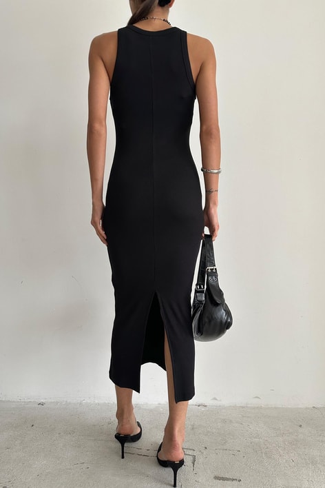 Fitilli Basic Midi Elbise Siyah