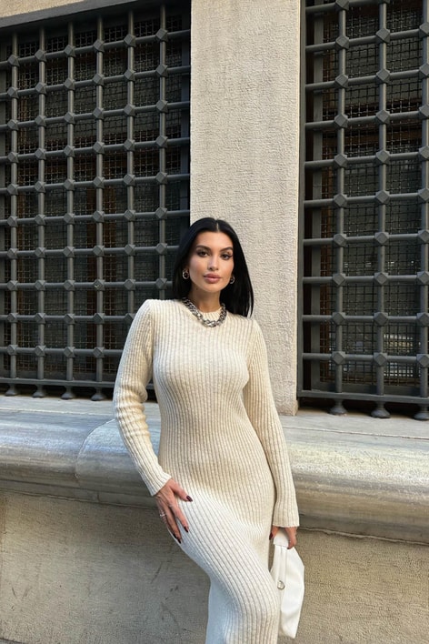 Fitilli Triko Midi Elbise Taş