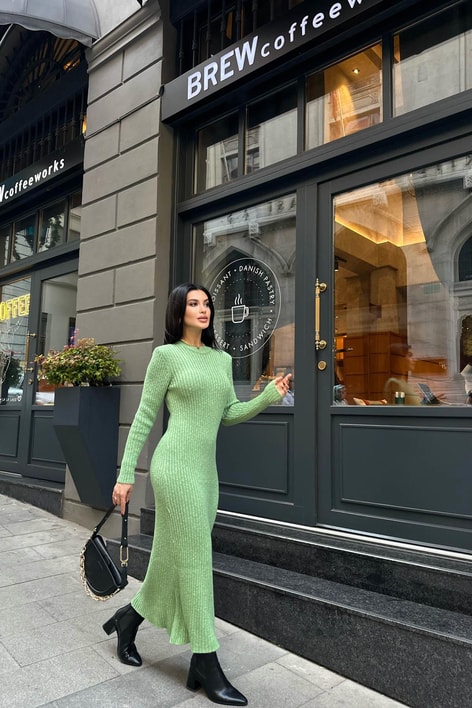Fitilli Triko Midi Elbise Yeşil