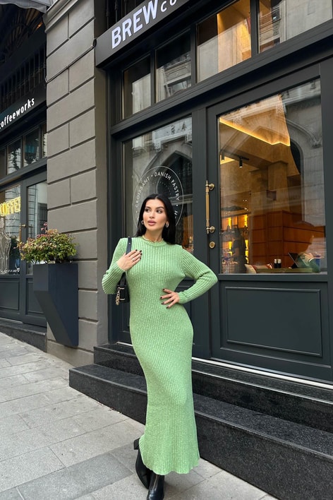 Fitilli Triko Midi Elbise Yeşil