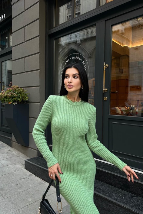 Fitilli Triko Midi Elbise Yeşil