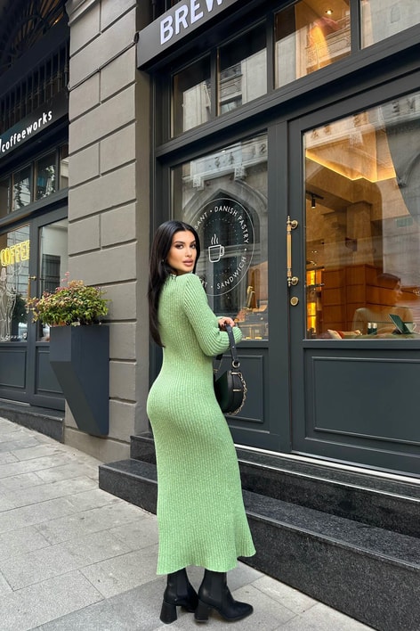 Fitilli Triko Midi Elbise Yeşil