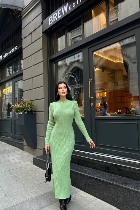 Fitilli Triko Midi Elbise Yeşil