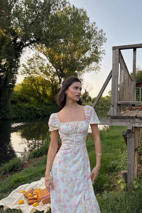 Flower Midi Elbise Beyaz